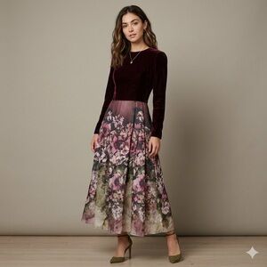 Custom Modest Sister of Bride  Floral Skirt Long Sleeve Burgundy dress